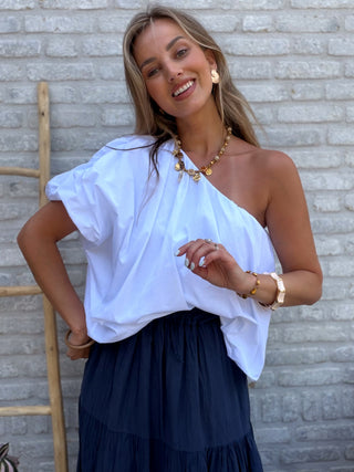 One Shoulder Puff Top / White