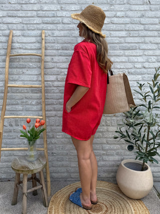 Denim Buttoned Playsuit / Red