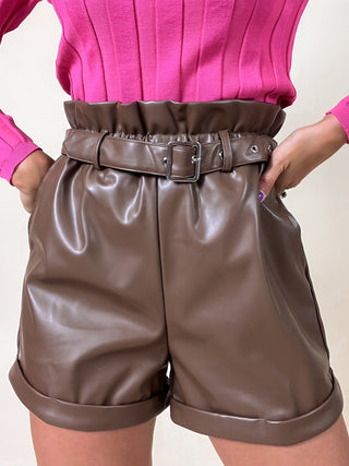 Belted high waist PU Shorts / Brown