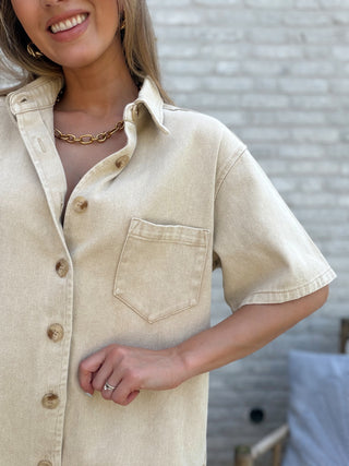 Denim Buttoned Playsuit / Beige