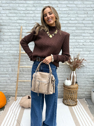 Padded Shoulder Cable Knit / Brown