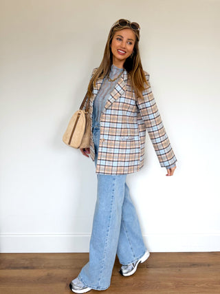 Soft Check Statement Blazer / Light Blue-Brown
