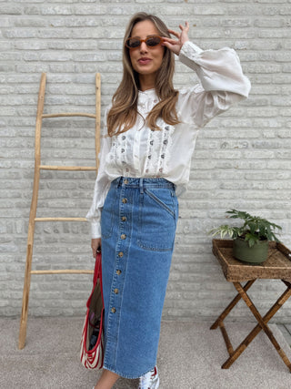 Button Denim Midi Skirt / Blue