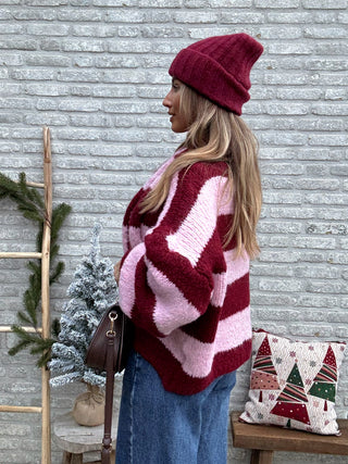 Stripe Scarf Cardigan / Pink-Bordeaux