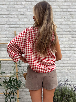 Gingham One Shoulder Blouse / Red