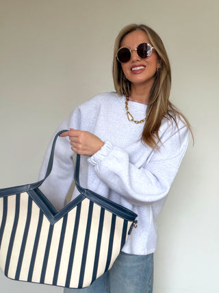 Striped Canvas Tote Bag / Dark Blue-Beige