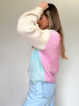 Colorblock Knit Cardigan / Pink-Multi