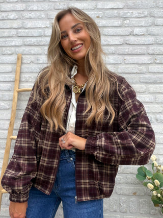 Checked Bomber Jacket / Burgundy-Taupe