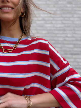 Open Back Striped Blouse / Red-White