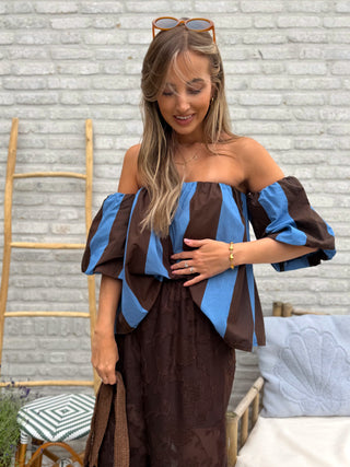 Striped Off-Shoulder Top / Blue-Brown