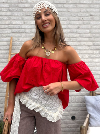 Broderie Off Shoulder Top / Red