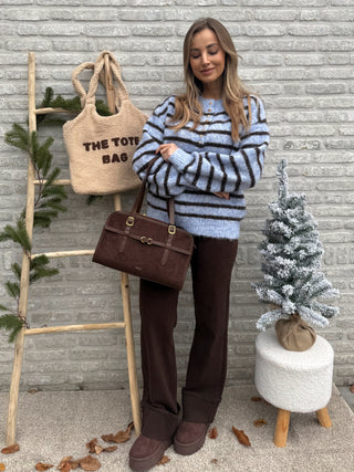 Striped Soft Knit Sweater / Ice Blue & Chocolate