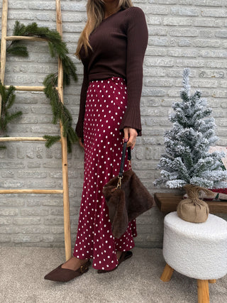 Satin Polka Dot Skirt / Burgundy