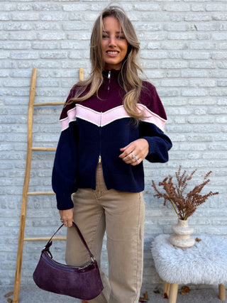 Zip-Up Stripe Knit / Navy Blue-Bordeaux