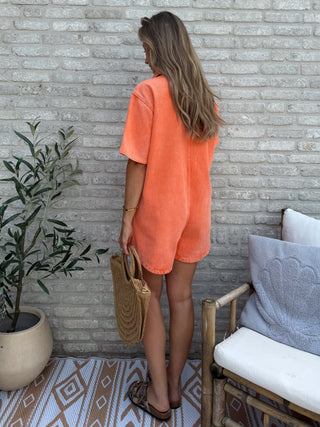Denim Buttoned Playsuit / Orange