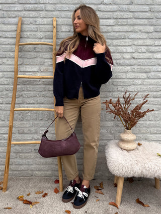 Zip-Up Stripe Knit / Navy Blue-Bordeaux