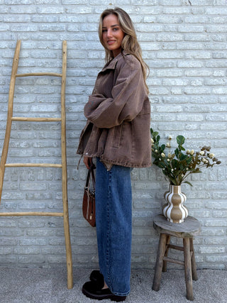 Washed Denim Bomber Jacket / Taupe