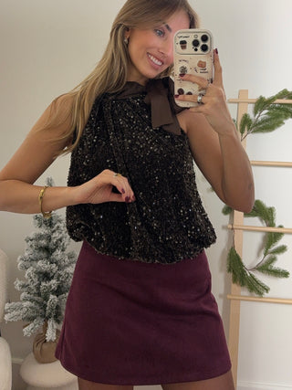 Sequin Bow Top / Brown