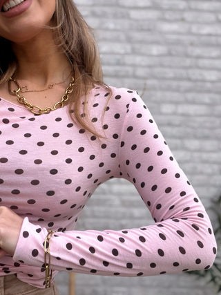 Polka Dot Long Sleeve Top / Pink-Brown
