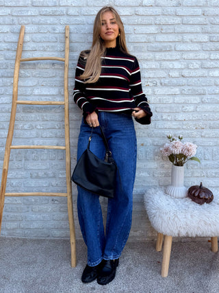 Flared Sleeve Stripe Top / Black-Bordeaux
