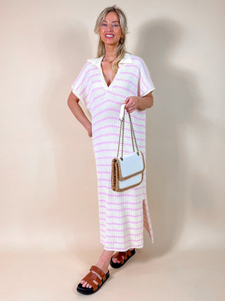 Crochet Striped Split Dress / Beige-Pink