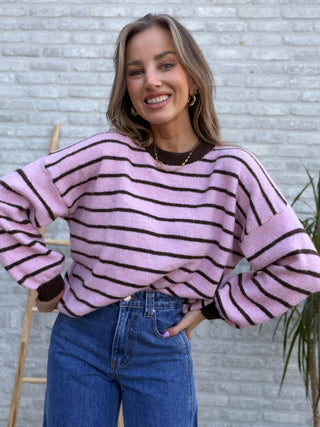 Striped Knit Sweater / Pink-Brown