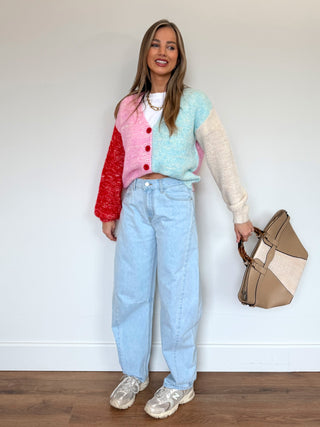 Colorblock Knit Cardigan / Pink-Multi