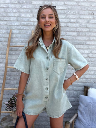 Denim Buttoned Playsuit / Khaki