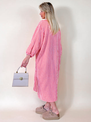Maxi Buttoned Striped Cotton Dress / Coral Red