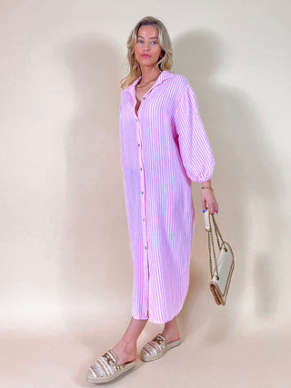 Maxi Buttoned Striped Cotton Dress / Pink-White