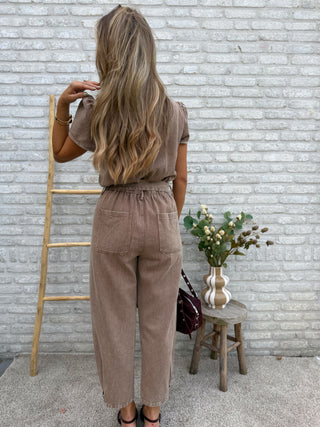 Washed Denim Jumpsuit / Taupe