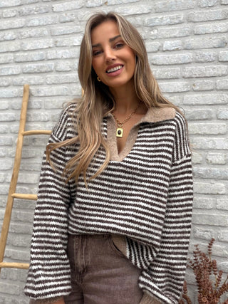 Striped Collar Knit / Beige-Camel