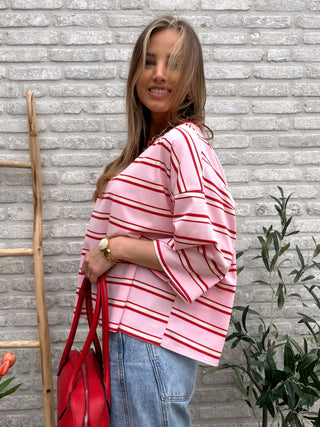 Open Back Striped Blouse / Pink-Red