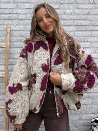 Oversized Teddy Jacket / Beige-Bordeaux