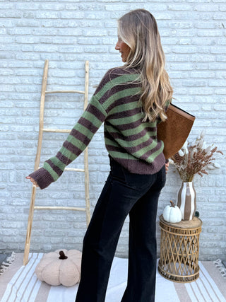 Striped Knit Sweater / Green-Brown