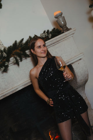 Velvet Sequin One-Shoulder Dress / Black