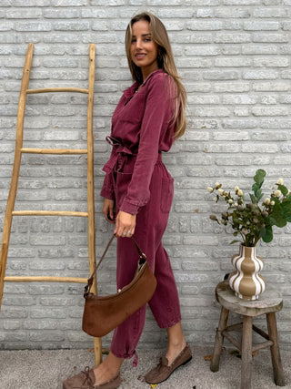 Denim Belted Jumpsuit / Bordeaux