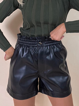 Buttoned high waist PU Shorts / Black