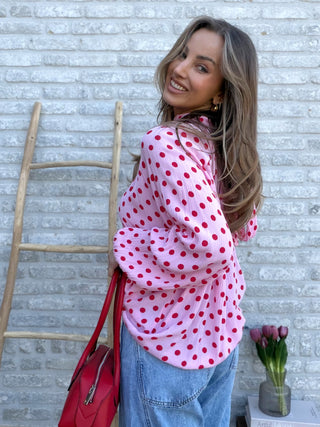Plissé Polka Dot Blouse / Pink-Red