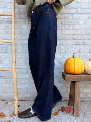 Detail Wide Leg Jeans / Dark Blue