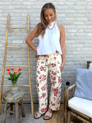 Floral Denim Pants / Beige-Pink
