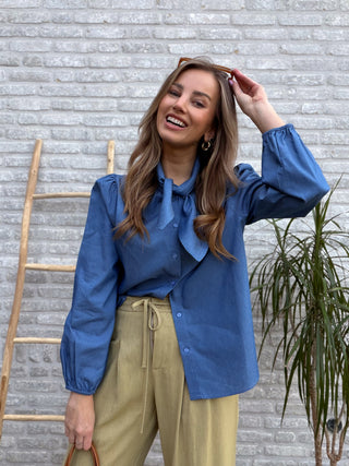 Denim Look Bow Blouse / Blue