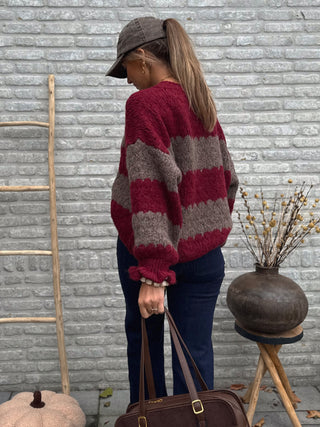Striped Ruffle Knit / Taupe-Burgundy