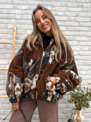 Oversized Teddy Jacket / Brown-Blue