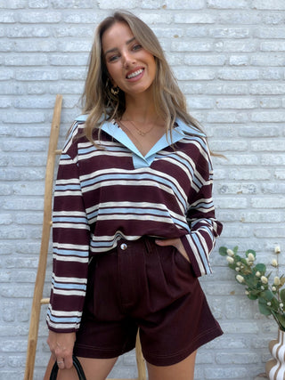 Striped Polo Blouse / Burgundy-Blue