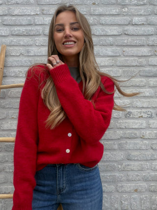 Buttoned Soft Cardigan / Red