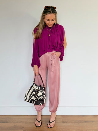 Satin Elastic Cuff Pants / Old Rose
