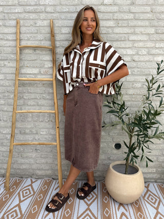 Cotton Stripe Shirt / Brown-White