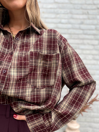 Check Strass Shirt / Taupe-Burgundy