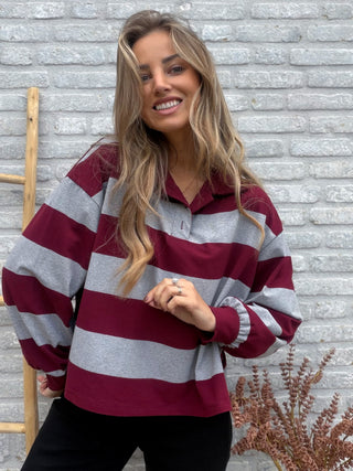 Striped Polo Blouse / Bordeaux-Grey